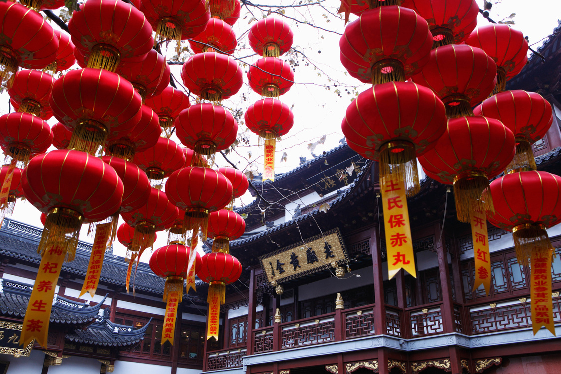 Hanging red lanterns in YuYuan Gardens, Shanghai, China
